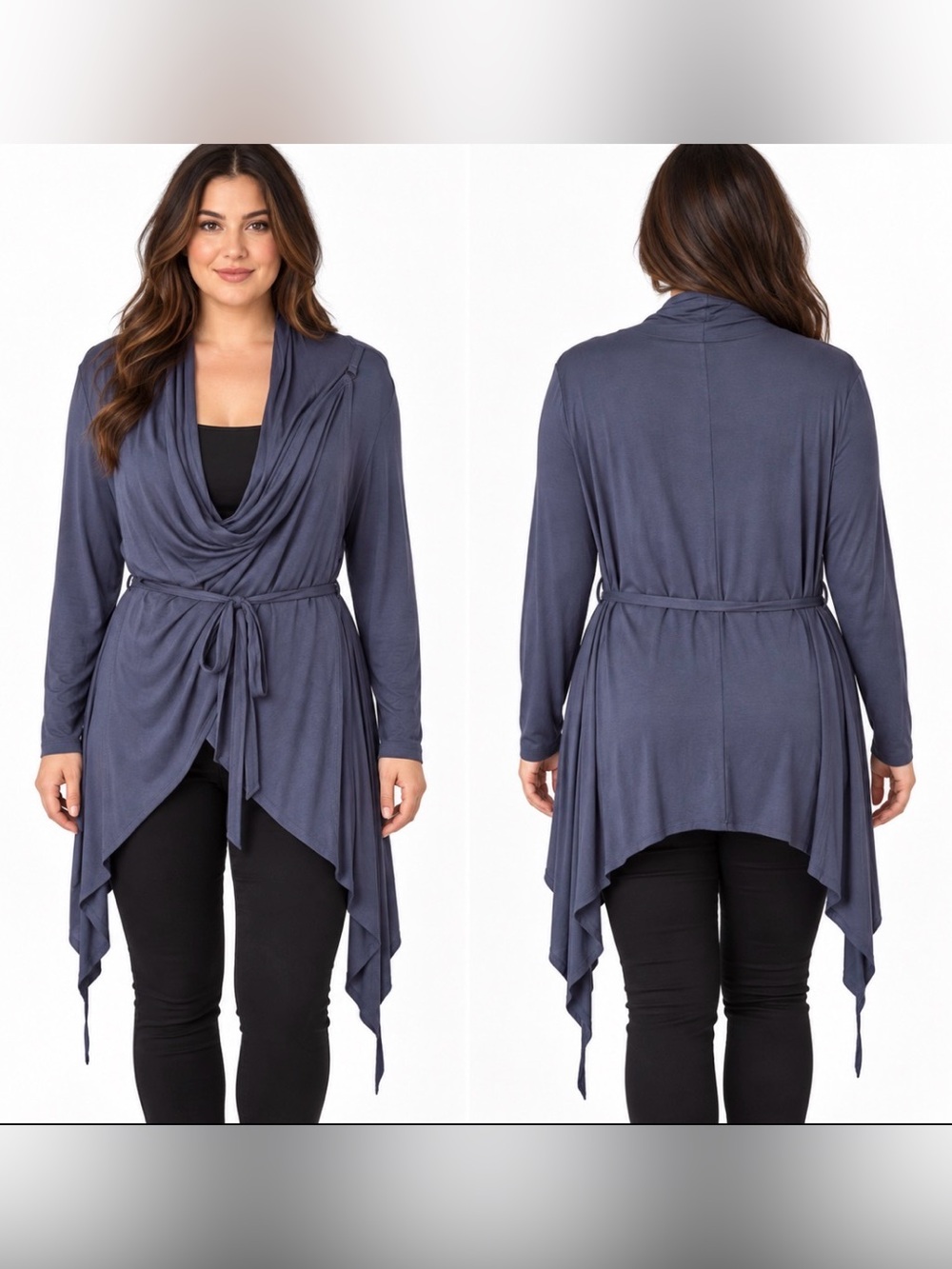 Waterfall Draped Blue Cardigan with Belt Size Size XL